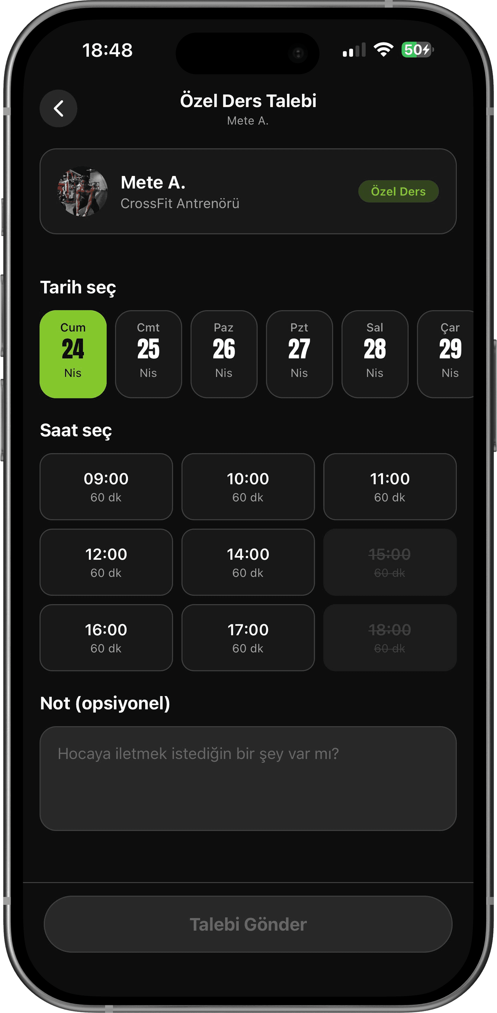 Antrenör takvimi ve özel ders talep ekranı
