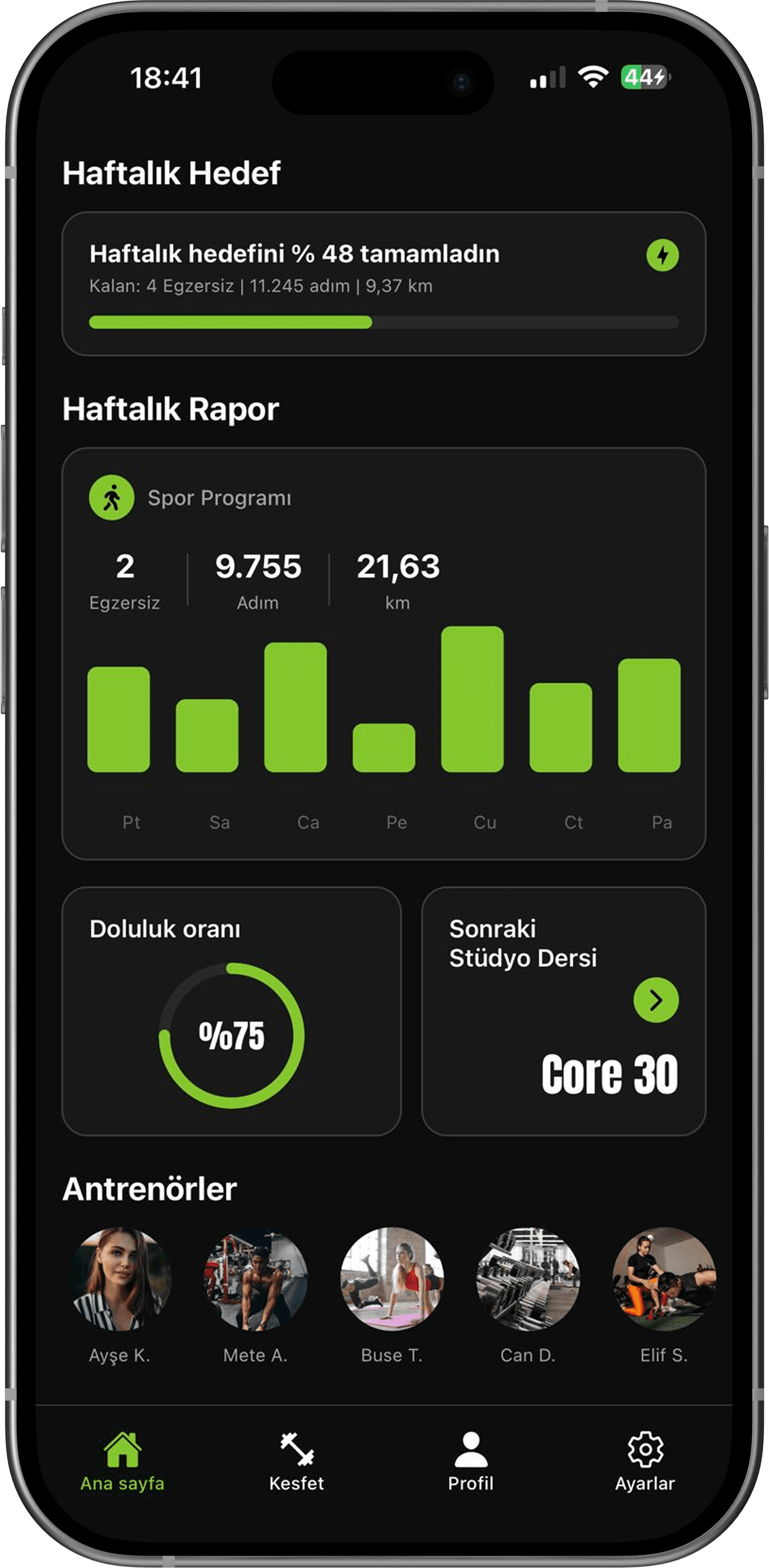 Spor salonu mobil uygulaması ana ekran görünümü
