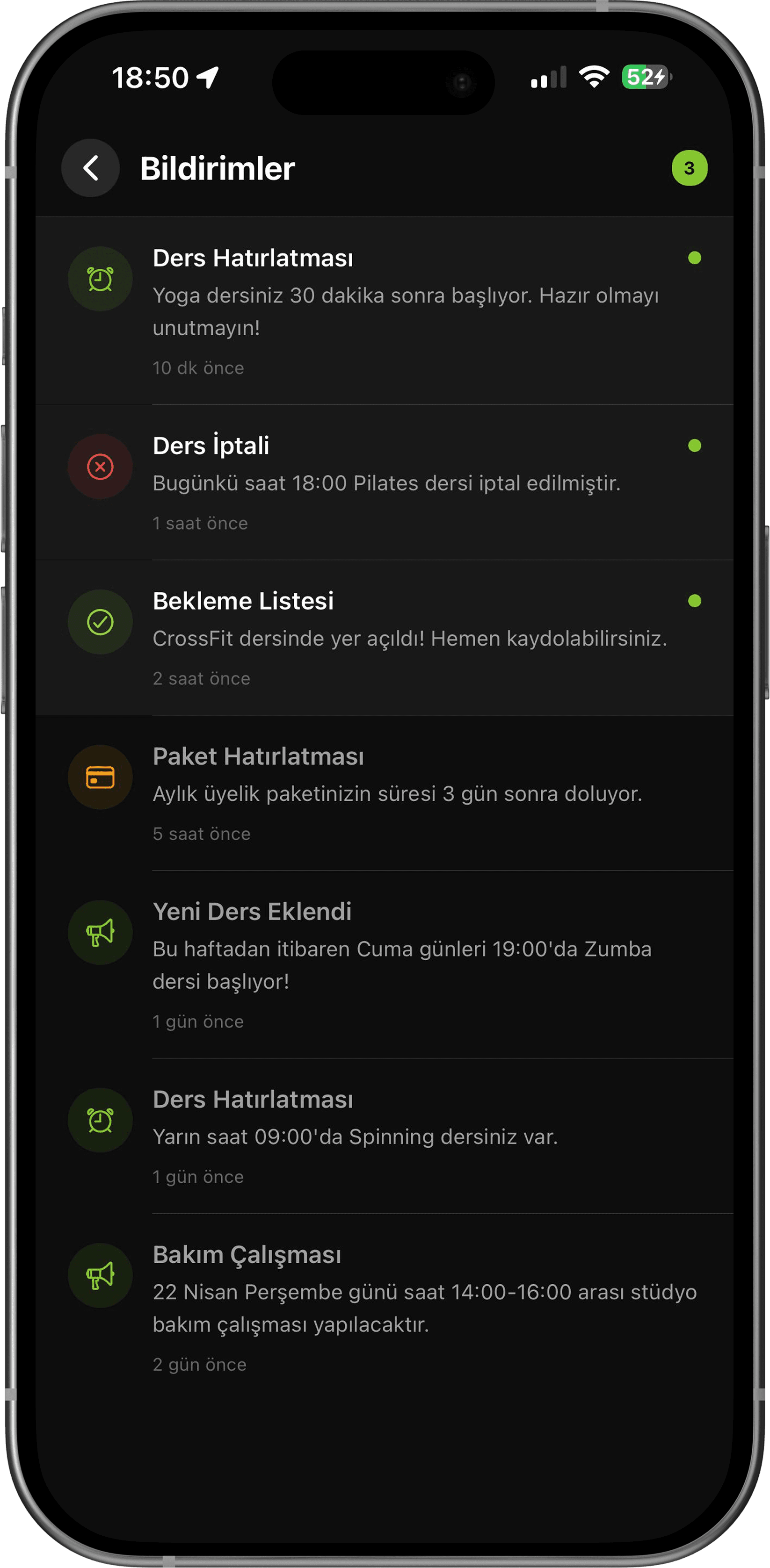 Anlık bildirim ve duyuru ekranı