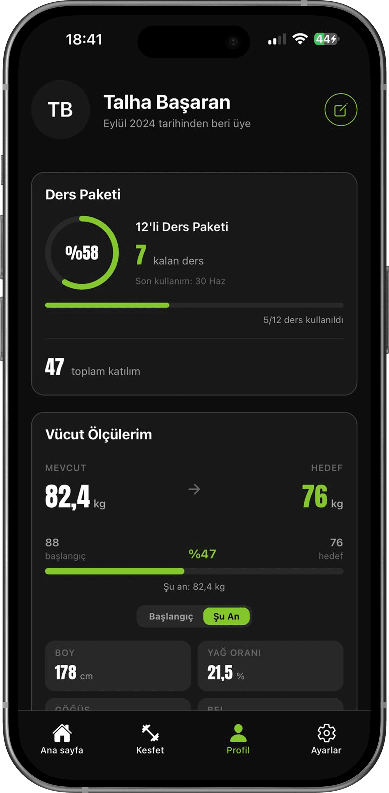 Üye profili ve ilerleme takip ekranı