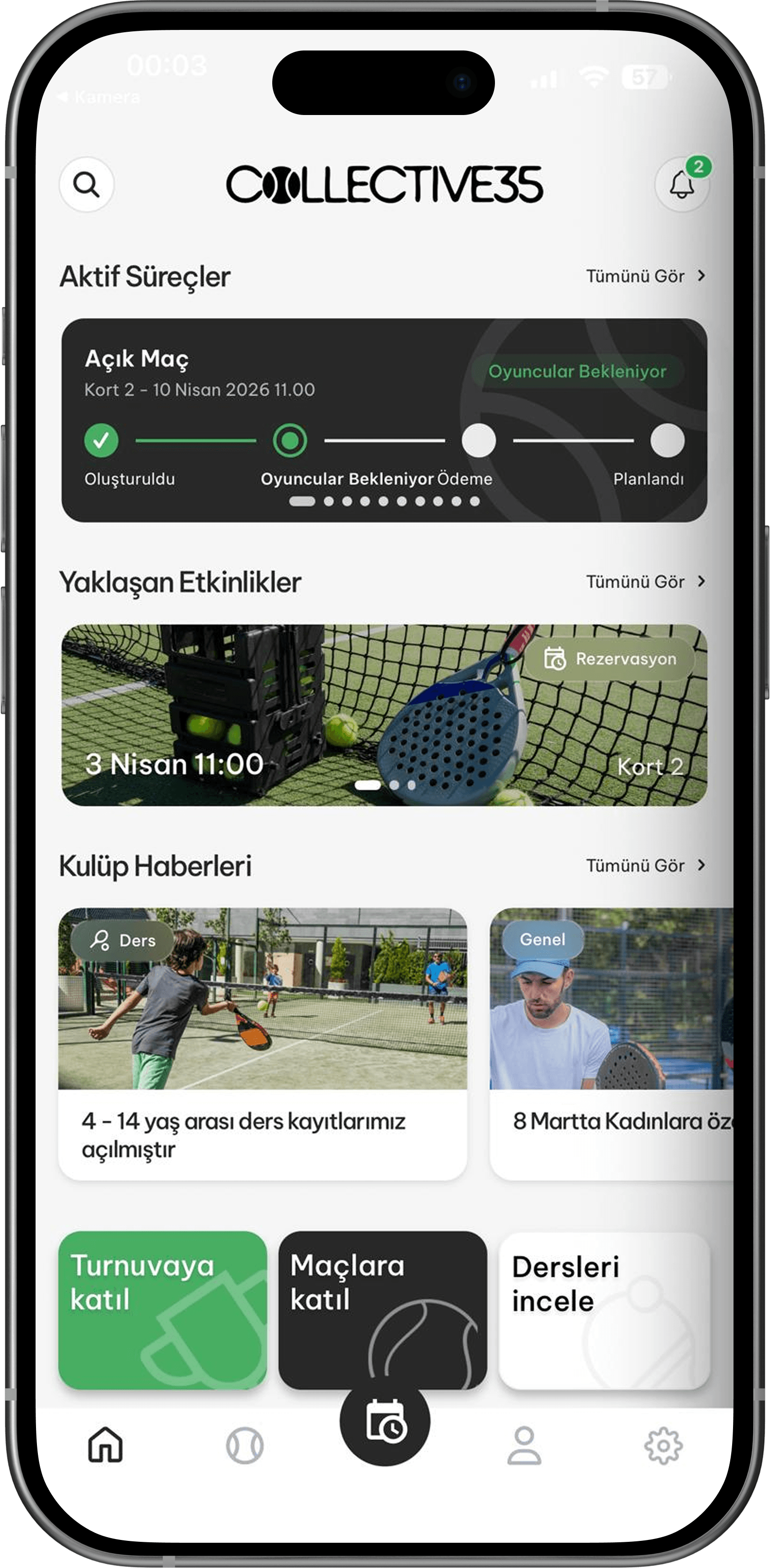 Padel kulübü uygulaması ana ekran