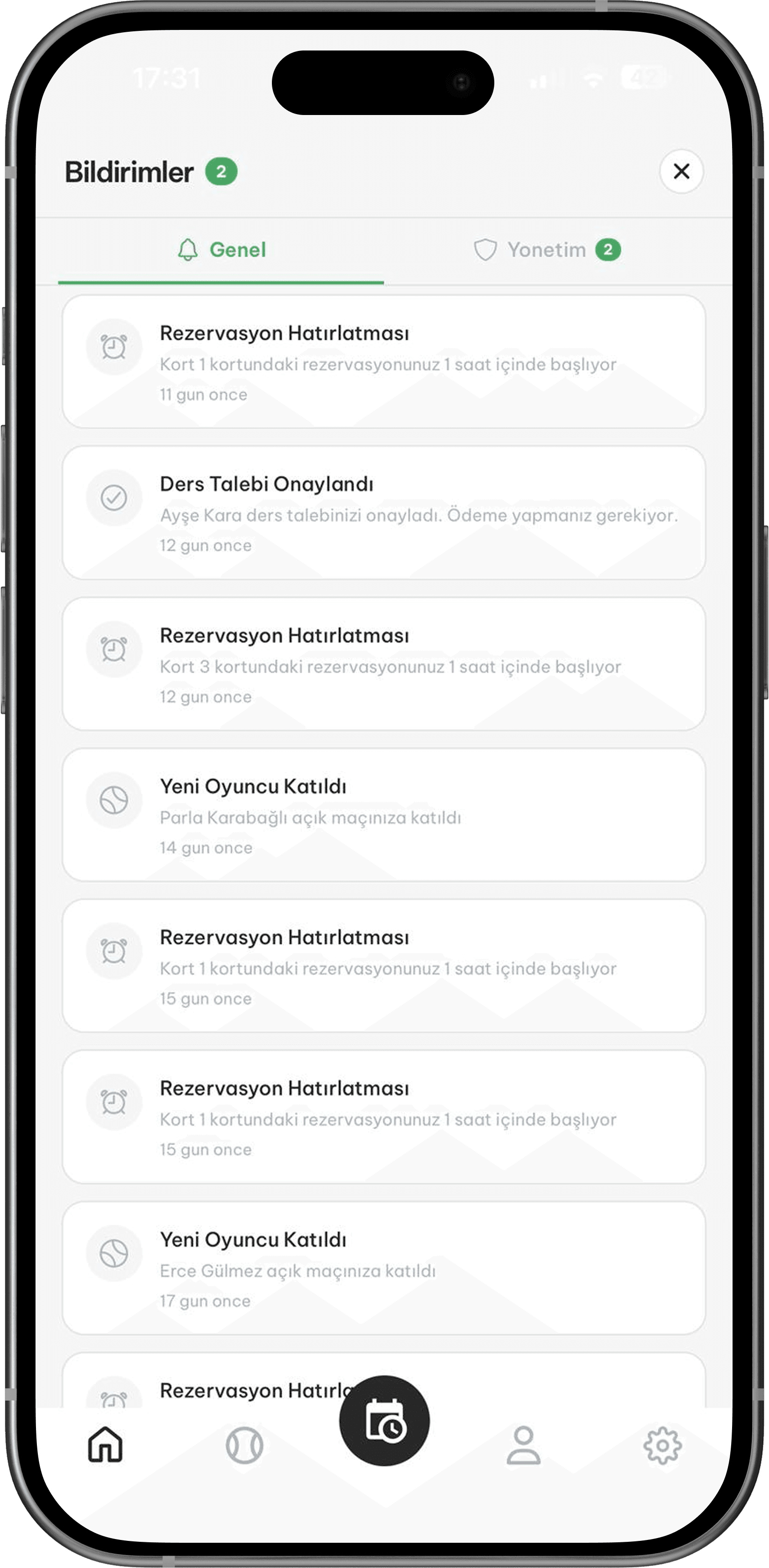 Padel bildirim ekranı
