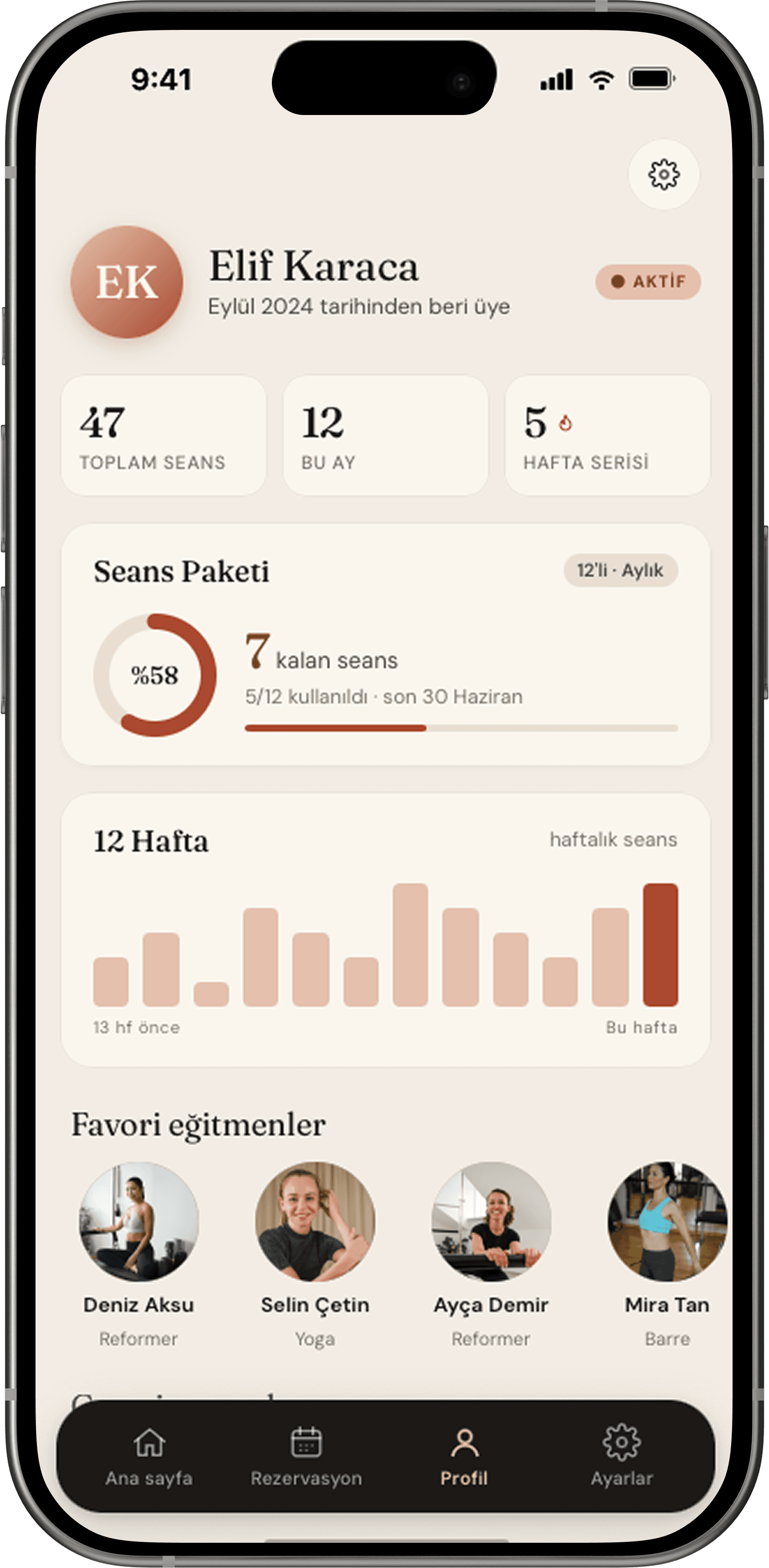 Üye profili ve ilerleme takip ekranı