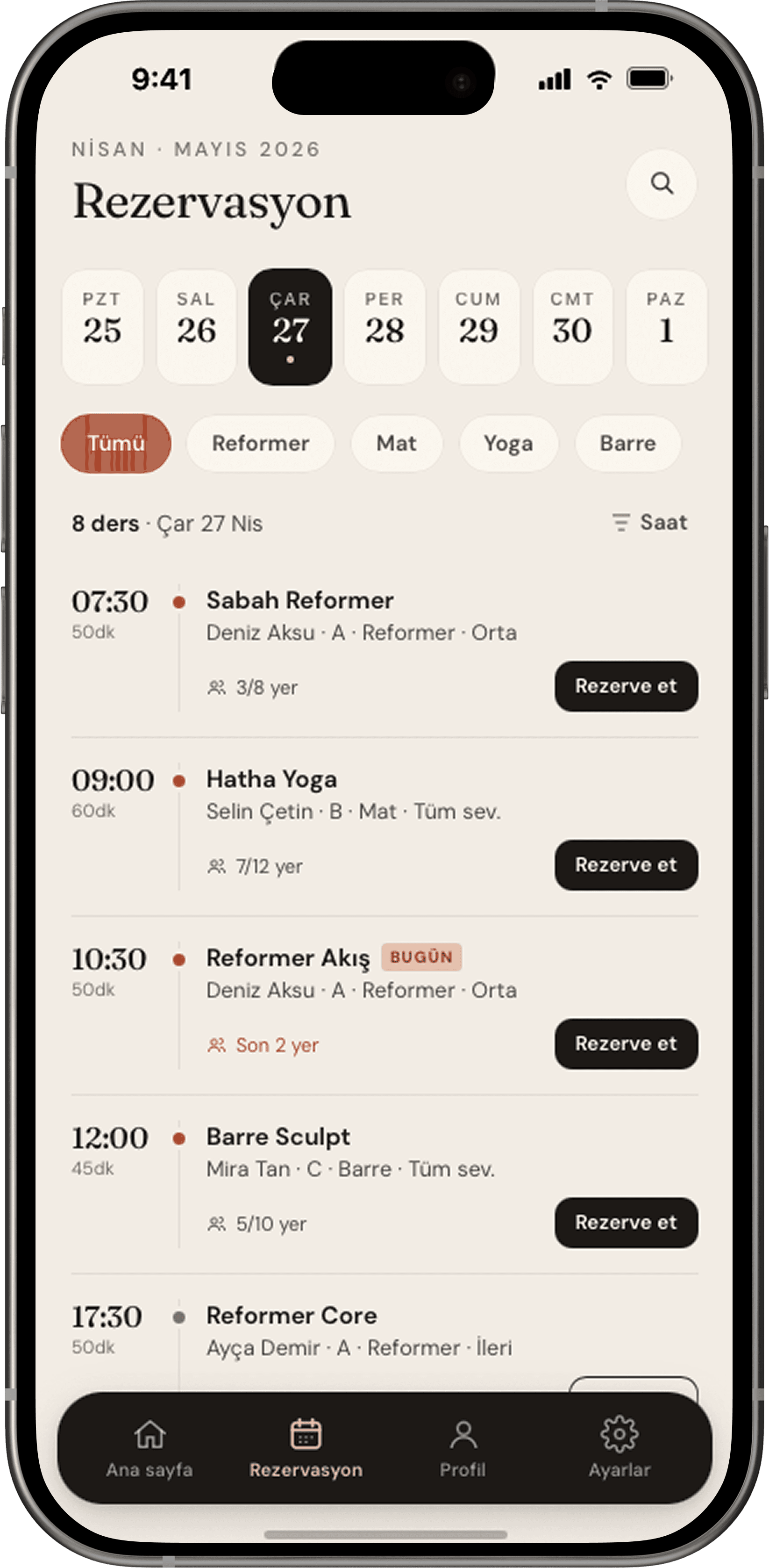 Reformer yatak ve ekipman rezervasyon ekranı