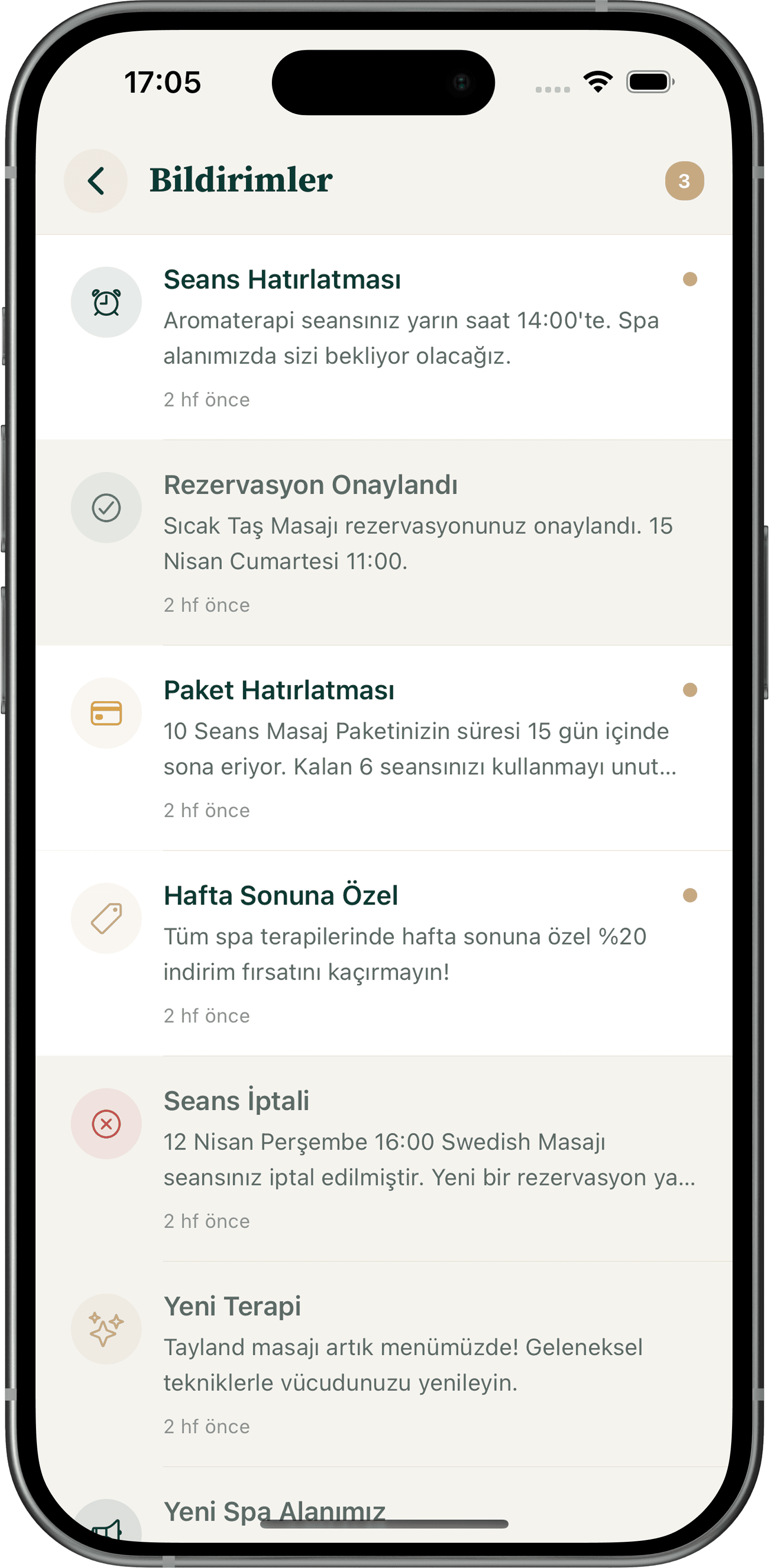 Spa bildirim ekranı