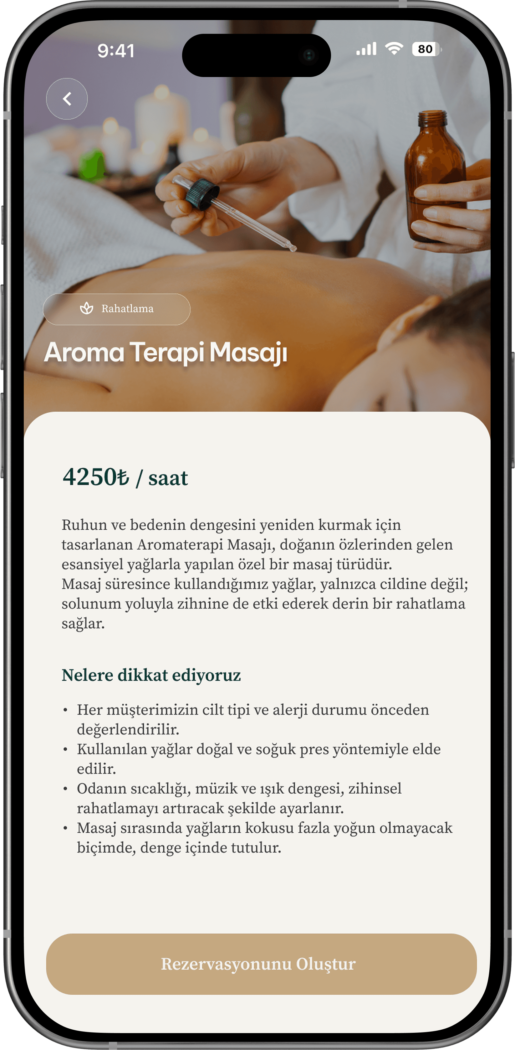 Masaj rezervasyon ekranı